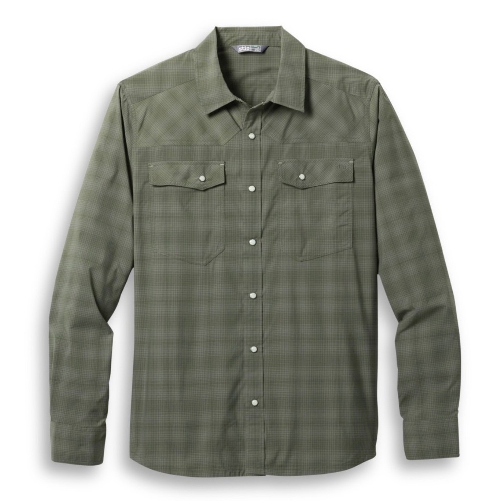 Stio Eddy Shirt LS Mens XL Olive Green Plaid Pearl Snap Western Outdoor S05